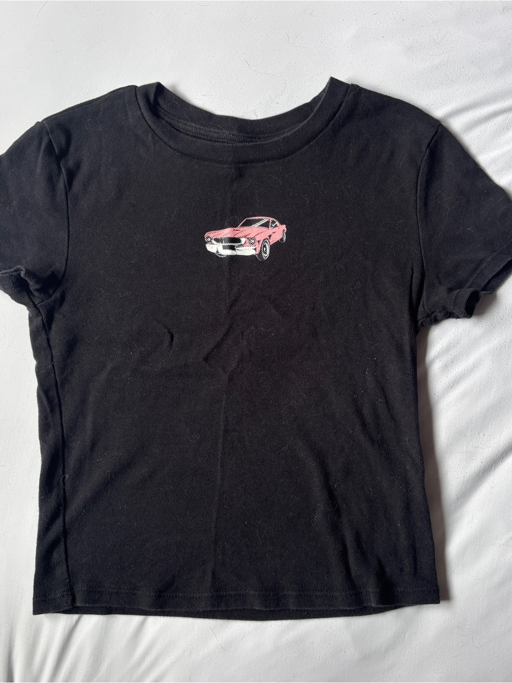 Black Women’s Baby Tee with Pink Car Graphic
